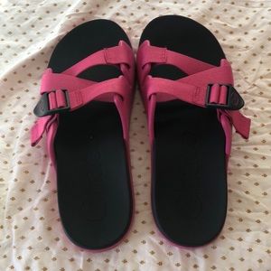 Pink Chaco slides